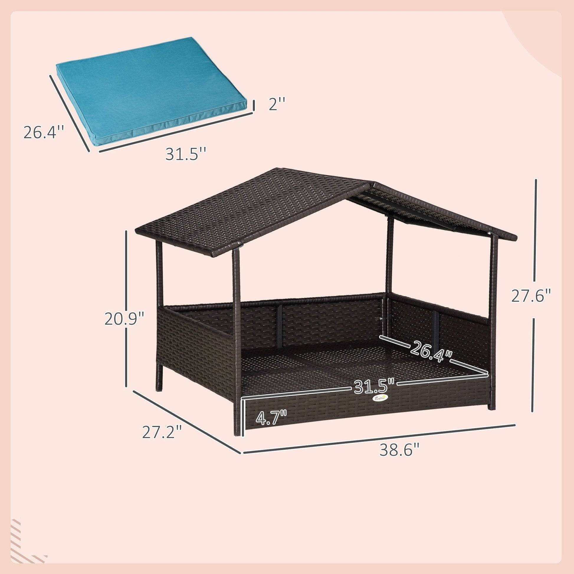 HKM-2898749 Outdoor Wicker Dog House with Canopy, Raised Rattan Pet Bed and Water-Resistant Cushion for Small to Medium Dogs