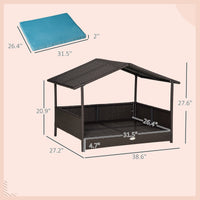 HKM-2898749 Outdoor Wicker Dog House with Canopy, Raised Rattan Pet Bed and Water-Resistant Cushion for Small to Medium Dogs