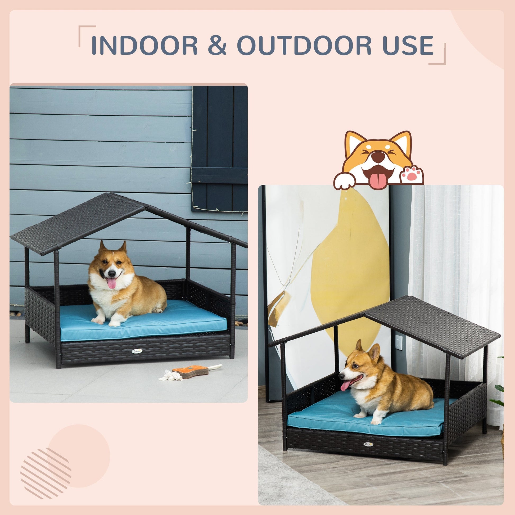HKM-2898749 Outdoor Wicker Dog House with Canopy, Raised Rattan Pet Bed and Water-Resistant Cushion for Small to Medium Dogs
