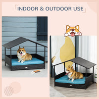 HKM-2898749 Outdoor Wicker Dog House with Canopy, Raised Rattan Pet Bed and Water-Resistant Cushion for Small to Medium Dogs