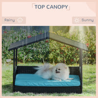 HKM-2898749 Outdoor Wicker Dog House with Canopy, Raised Rattan Pet Bed and Water-Resistant Cushion for Small to Medium Dogs