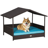 HKM-2898749 Outdoor Wicker Dog House with Canopy, Raised Rattan Pet Bed and Water-Resistant Cushion for Small to Medium Dogs