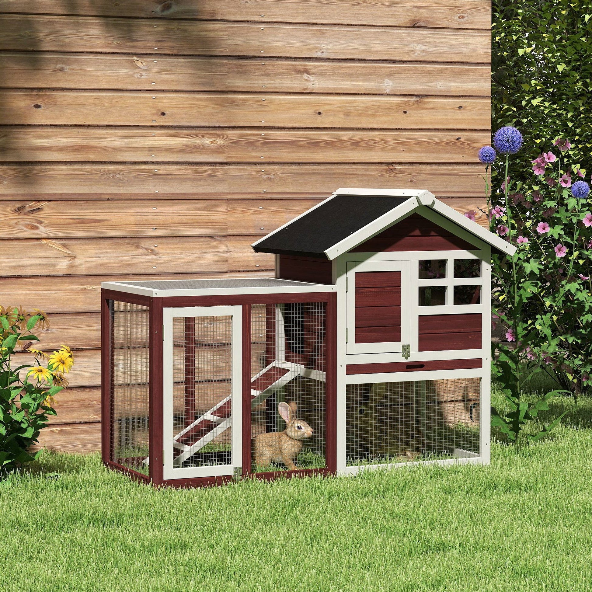 HKM-2903741 48" Outdoor Indoor Rabbit Hutch with Waterproof Asphalt Roof and Easy Clean Tray