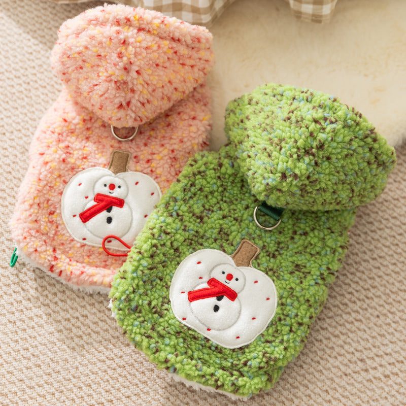 HKM-2904637 Warm Sherpa Pet Hoodie with Snowman Embroidery for Dogs and Cats ¨C Cozy Winter Apparel in Pink and Green