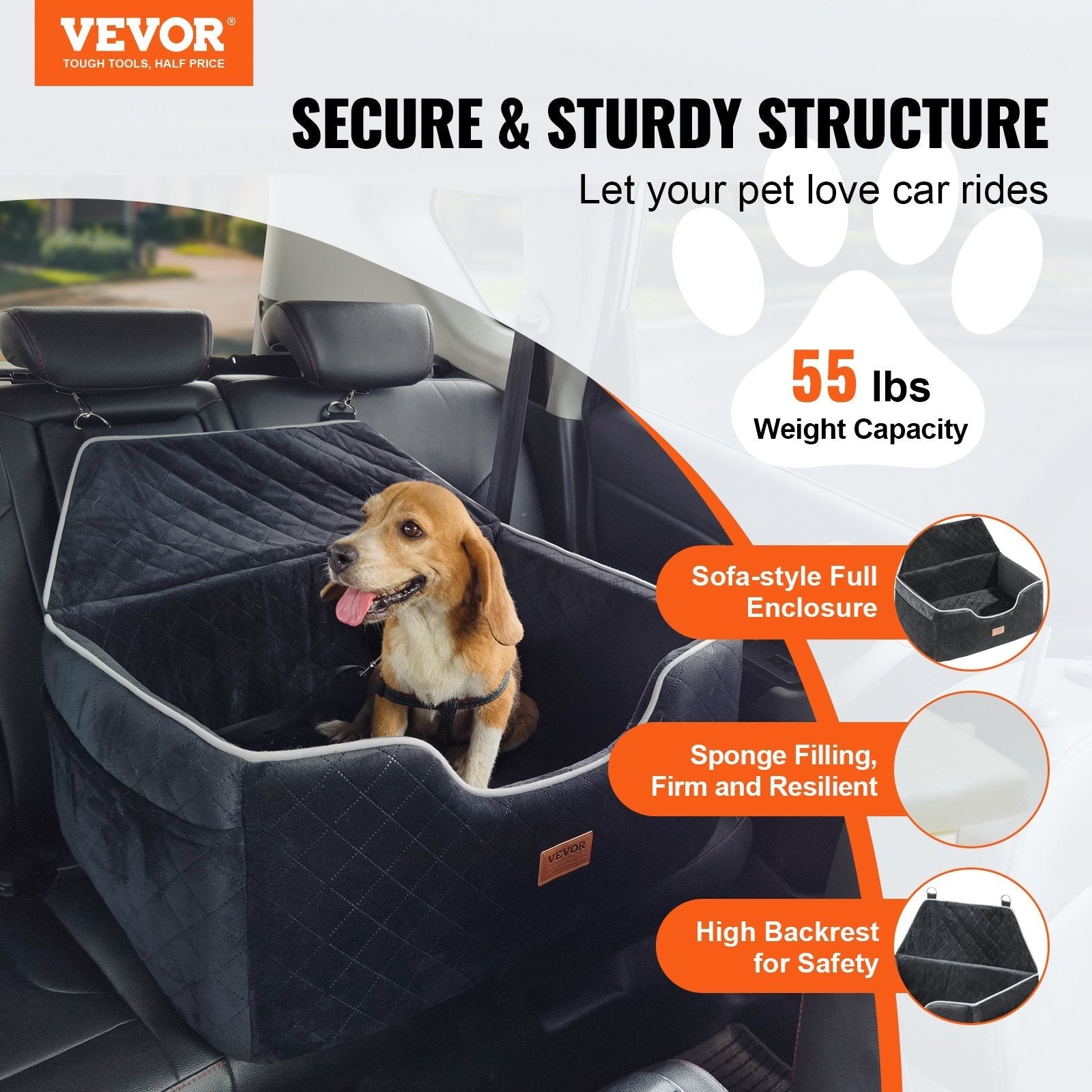 HKM-2904893 Dog Booster Car Seat for Medium to Large Dogs Up to 55 lbs, Comfortable with Removable Pad, Easy Installation, Black
