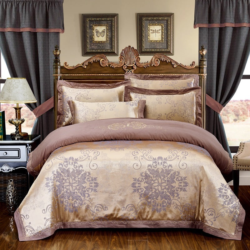 HKM-290579 Cotton Jacquard Bedding Set with Artistic Floral Patterns - 4 Pieces for 1.8m Beds