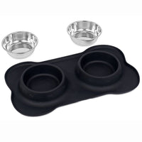 HKM-2906045 Silicone Bone-Shaped Mat with Stainless Steel Pet Bowl for Dogs and Cats
