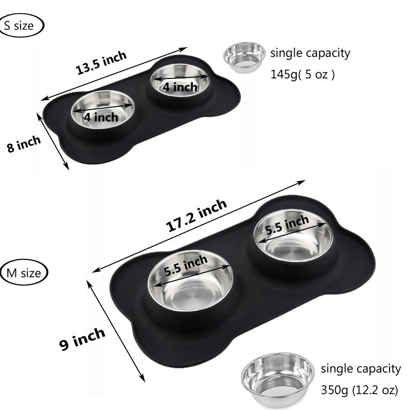 HKM-2906045 Silicone Bone-Shaped Mat with Stainless Steel Pet Bowl for Dogs and Cats
