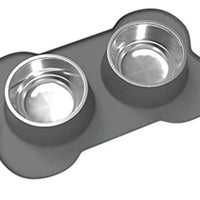 HKM-2906045 Silicone Bone-Shaped Mat with Stainless Steel Pet Bowl for Dogs and Cats
