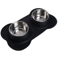 HKM-2906045 Silicone Bone-Shaped Mat with Stainless Steel Pet Bowl for Dogs and Cats