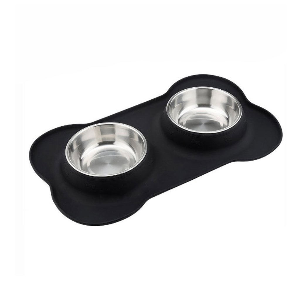 HKM-2906045 Silicone Bone-Shaped Mat with Stainless Steel Pet Bowl for Dogs and Cats