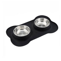 HKM-2906045 Silicone Bone-Shaped Mat with Stainless Steel Pet Bowl for Dogs and Cats