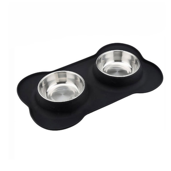 HKM-2906045 Silicone Bone-Shaped Mat with Stainless Steel Pet Bowl for Dogs and Cats