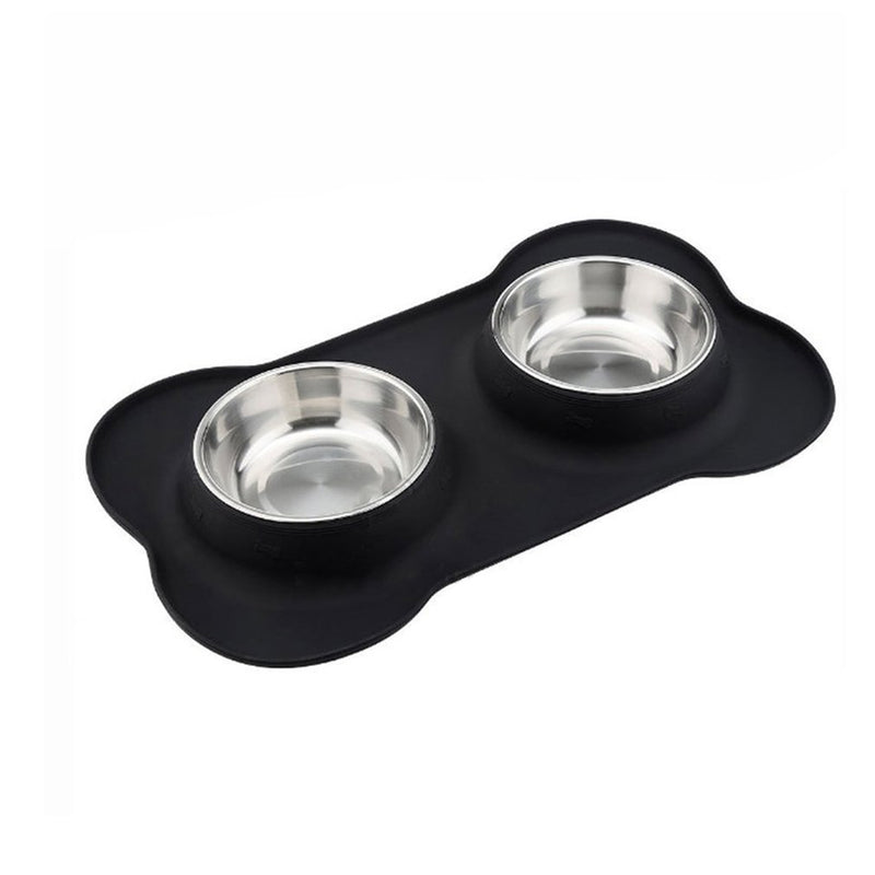 HKM-2906045 Silicone Bone-Shaped Mat with Stainless Steel Pet Bowl for Dogs and Cats
