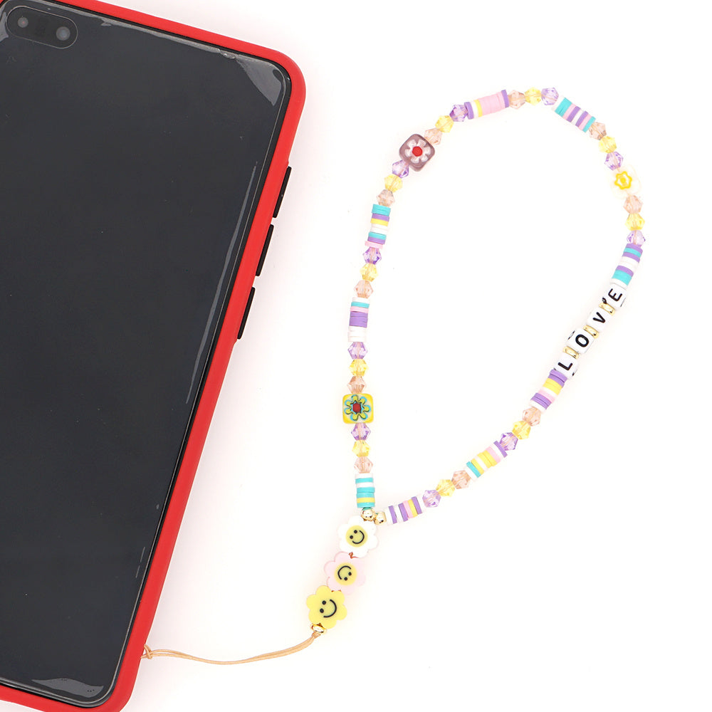 HKM-290643 Handmade Bohemian Soft Ceramic Phone Chain with Crystal and Beads