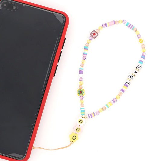 HKM-290643 Handmade Bohemian Soft Ceramic Phone Chain with Crystal and Beads