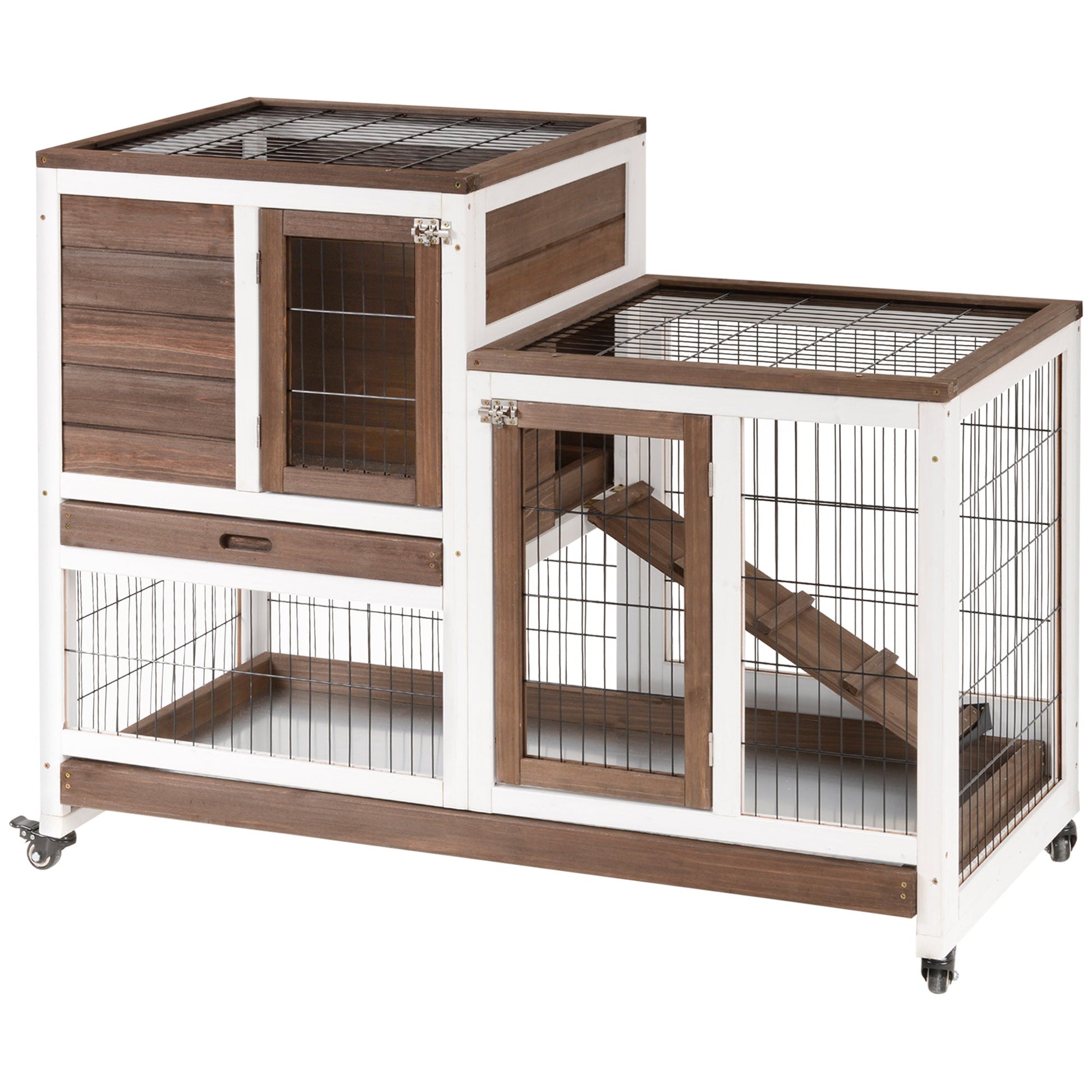 HKM-2909501 Elevated Wooden Rabbit Hutch with Enclosed Run, Wheels, and Removable Tray for Small Animals - Brown