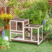 HKM-2909501 Elevated Wooden Rabbit Hutch with Enclosed Run, Wheels, and Removable Tray for Small Animals - Brown