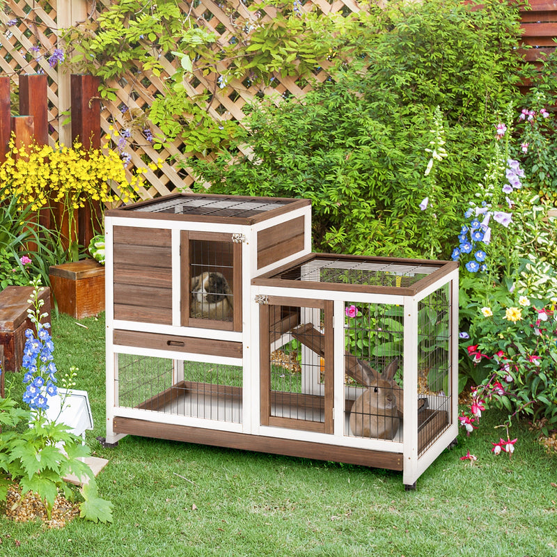 HKM-2909501 Elevated Wooden Rabbit Hutch with Enclosed Run, Wheels, and Removable Tray for Small Animals - Brown