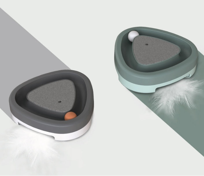 HKM-2911805 Electric Cat Toy Triangle Turntable with Feather Scratcher and Sound, ABS Material, Gray and Green
