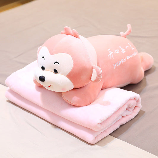HKM-291539 Plush Cartoon Animal Pillow Blankets - Monkey, Rabbit, Pig, Caterpillar, Turtle, Cow, Dog