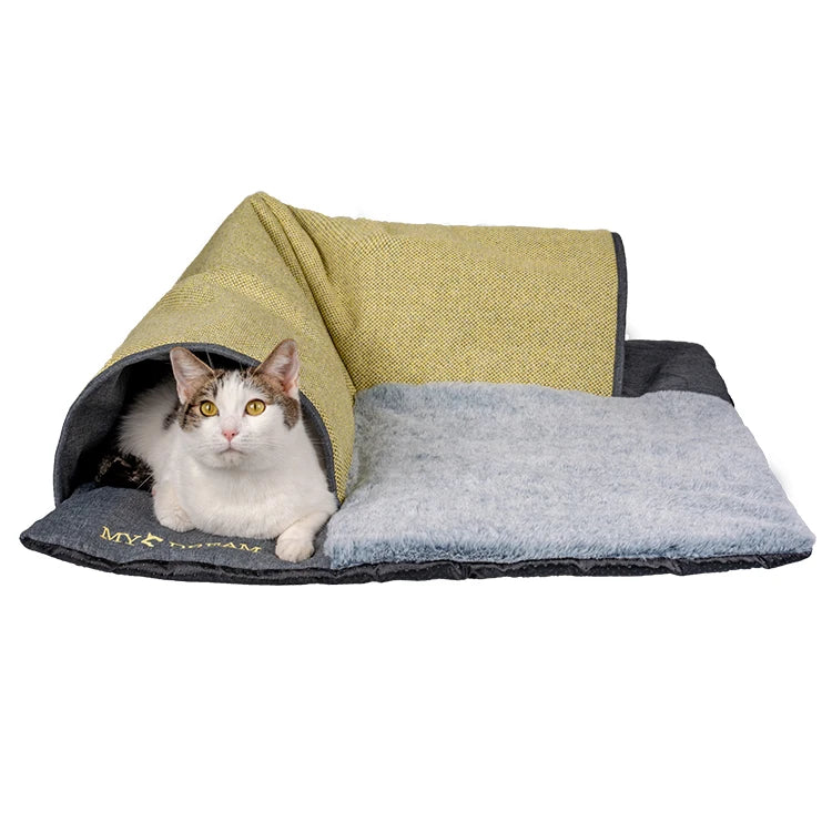 HKM-291923 Interactive Plush Cat Tunnel and Bed - Yellow, 70x70cm, Certified Safe for Pets