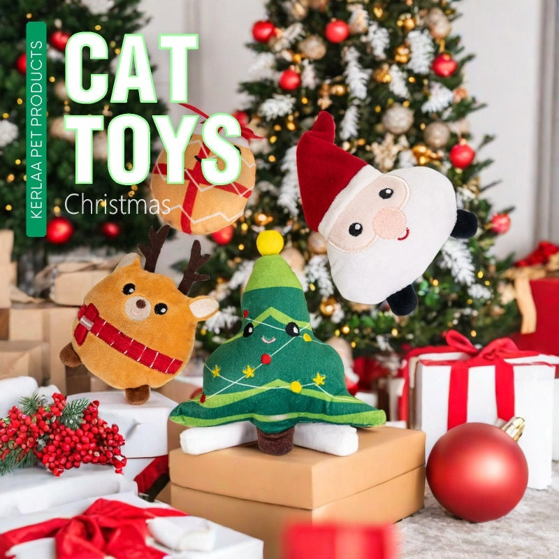 HKM-2919997 Christmas Cat Plush Toys with Catnip - Smiley Egg, Christmas Elk, Santa Claus & Christmas Tree Designs