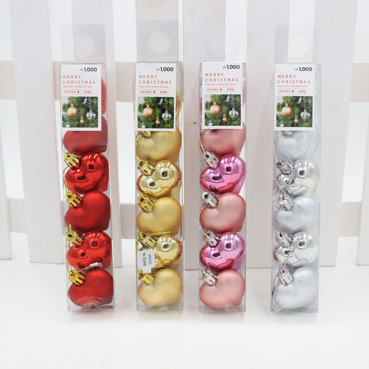 HKM-292179 Heart-Shaped Christmas Ornament Set in Gold, Red, Silver, and Pink - 5CM PVC Decoration Balls, 6/Box