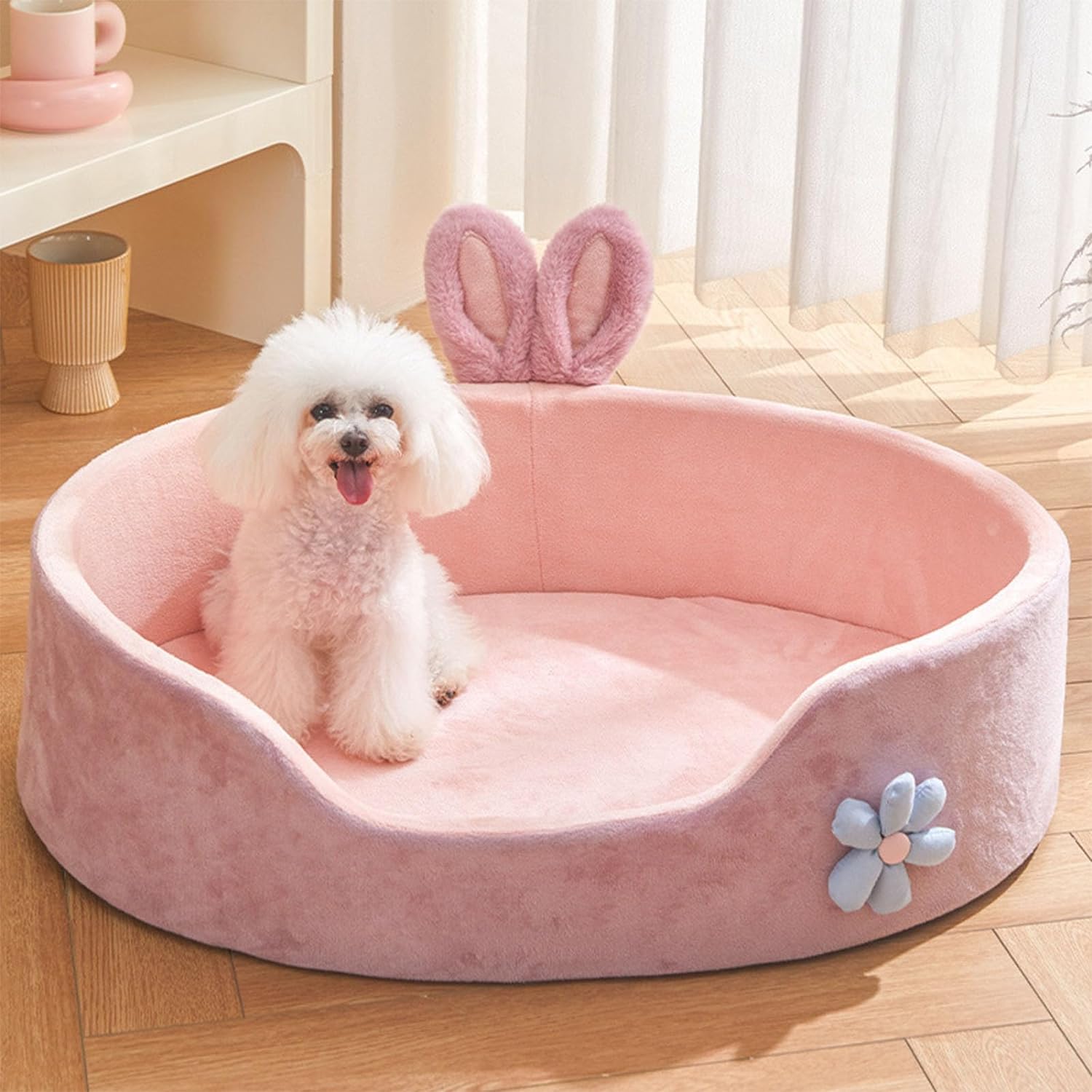 HKM-2924605 Cute Pink Detachable Dog Bed with Rabbit Ears - Soft, Washable, and Cozy for Small to Medium Pets