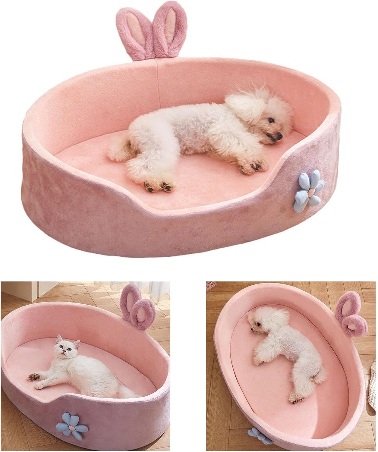 HKM-2924605 Cute Pink Detachable Dog Bed with Rabbit Ears - Soft, Washable, and Cozy for Small to Medium Pets