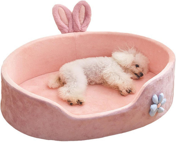 HKM-2924605 Cute Pink Detachable Dog Bed with Rabbit Ears - Soft, Washable, and Cozy for Small to Medium Pets