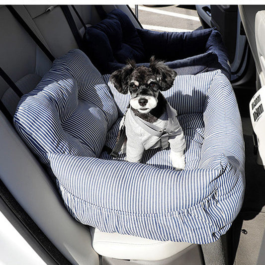 HKM-2929341 Canvas Pet Car Seat Cushion - Comfortable Striped Nest for Dogs and Cats (Medium/Large Sizes)