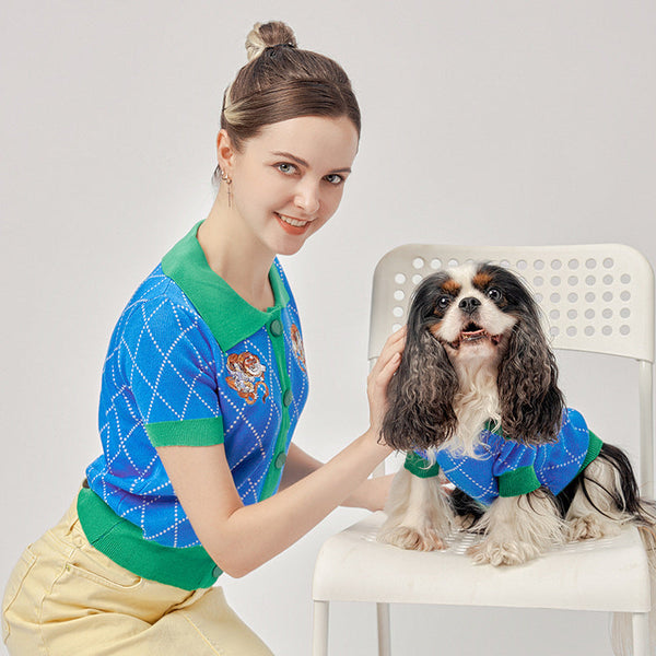 HKM-2930877 Blue Tiger Patterned Cotton Dog Sweater Cardigan for Pets in Various Sizes