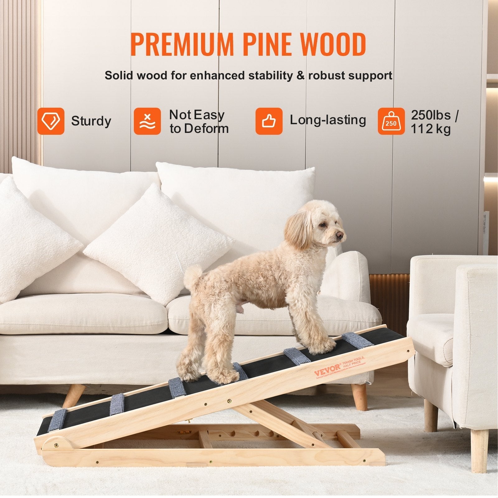 HKM-2931261 Folding Pet Ramp for Dogs and Cats - Adjustable Wooden Ramp with Non-Slip Surface for Bed, Couch, and Car