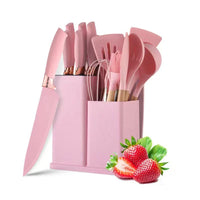 HKM-293267 Luxurious Silicone Cooking Utensils Set in Black, Pink, and Green - Complete Kitchenware Collection