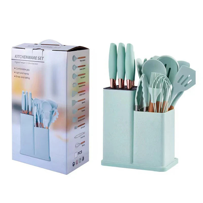 HKM-293267 Luxurious Silicone Cooking Utensils Set in Black, Pink, and Green - Complete Kitchenware Collection