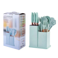 HKM-293267 Luxurious Silicone Cooking Utensils Set in Black, Pink, and Green - Complete Kitchenware Collection