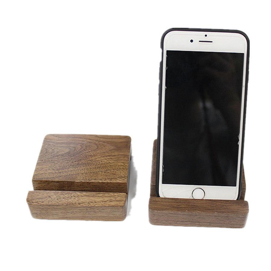 HKM-293267 Wooden Mobile Phone Stand - Dual-Slot Design, 80x80x20mm, Natural Grain Finish