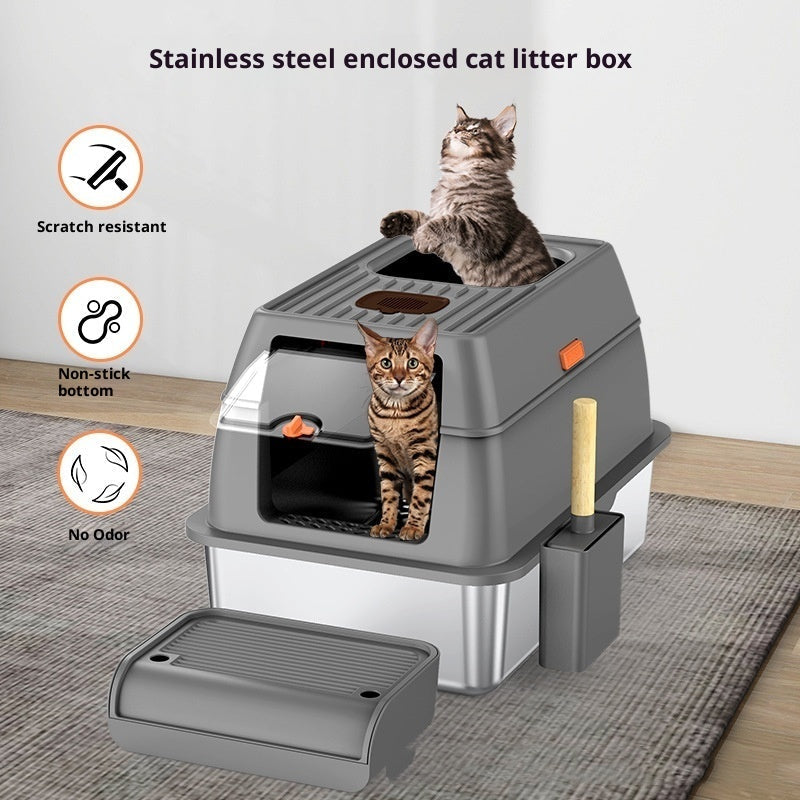 HKM-2936509 Large Anti-Odor Fully Enclosed Stainless Steel Litter Box in Light Gray, Dark Gray, and Black