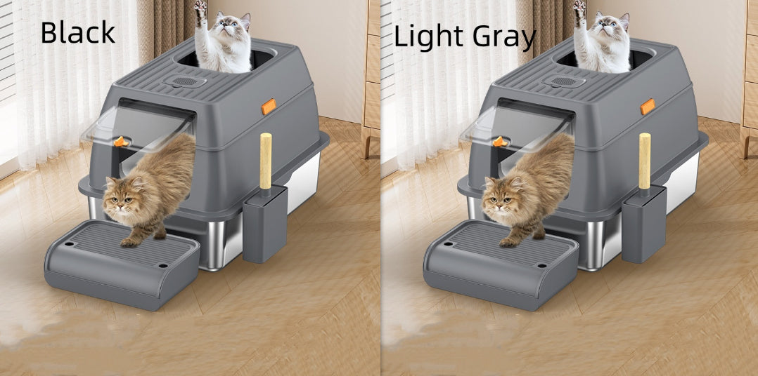 HKM-2936509 Large Anti-Odor Fully Enclosed Stainless Steel Litter Box in Light Gray, Dark Gray, and Black