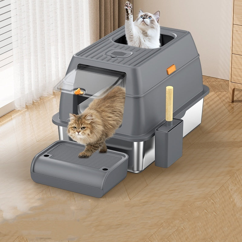 HKM-2936509 Large Anti-Odor Fully Enclosed Stainless Steel Litter Box in Light Gray, Dark Gray, and Black