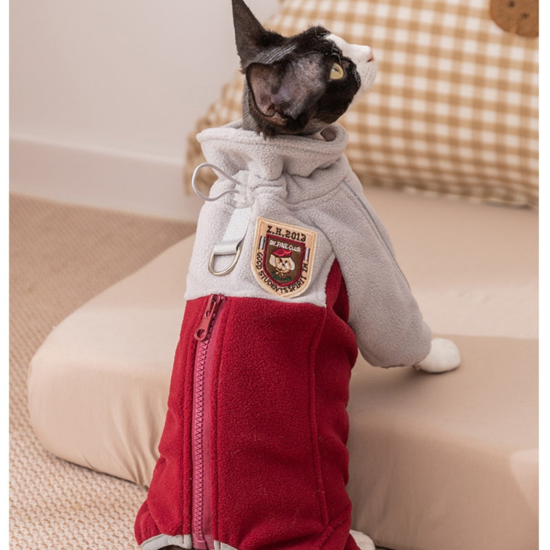 HKM-2937405 Warm and Fluffy Cat and Dog Fleece Jacket ¨C Soft Fabric, Color Block Design, Full Zipper, Four-Legged Fit for Autumn and Winter Wear
