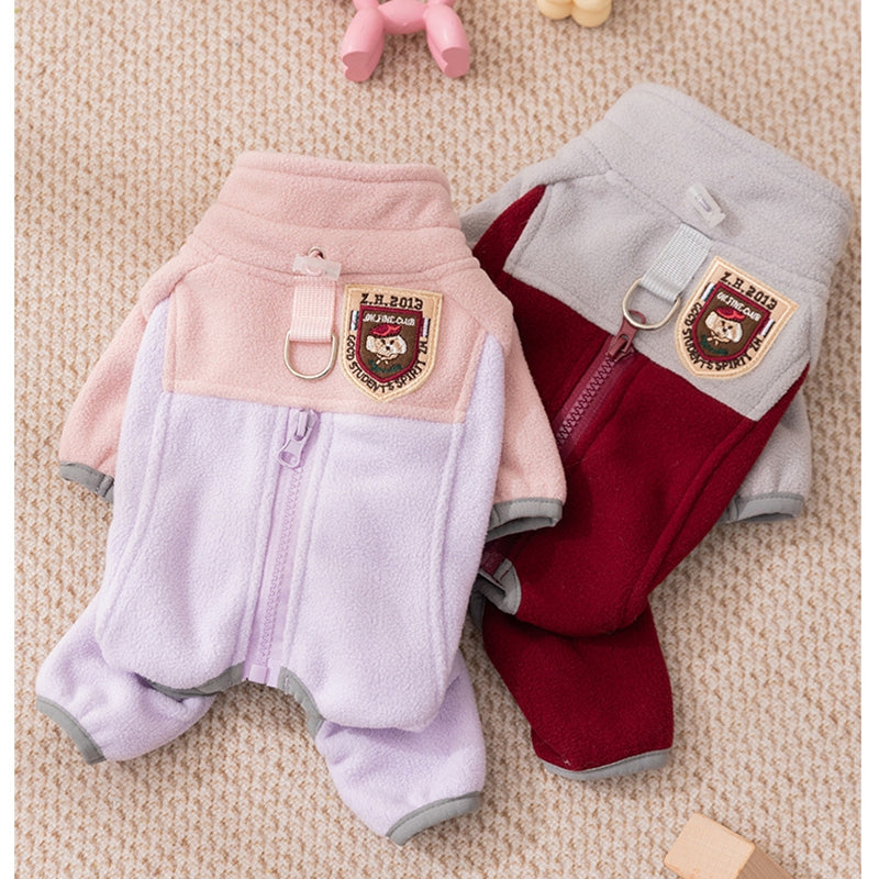 HKM-2937405 Warm and Fluffy Cat and Dog Fleece Jacket ¨C Soft Fabric, Color Block Design, Full Zipper, Four-Legged Fit for Autumn and Winter Wear