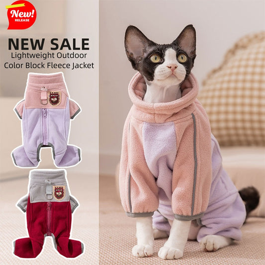 HKM-2937405 Warm and Fluffy Cat and Dog Fleece Jacket ¨C Soft Fabric, Color Block Design, Full Zipper, Four-Legged Fit for Autumn and Winter Wear