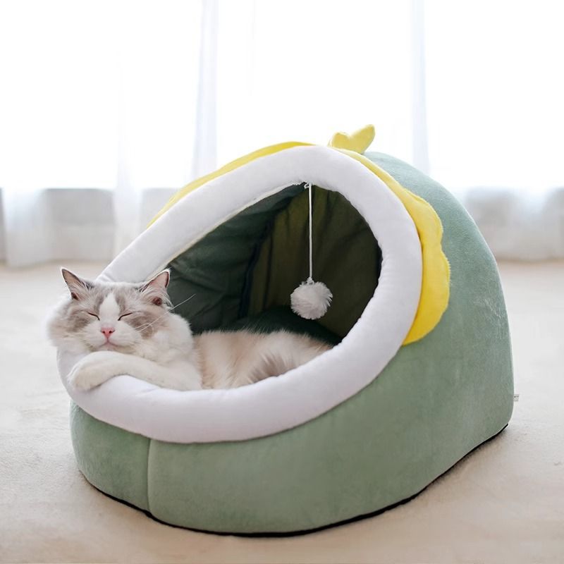 HKM-2938685 Four Seasons Universal Thickened Semi-closed Pet Bed in Light Gray, Gray UK Shorthair, Green Dinosaur, Pink Rabbit, and Gray Cat - Multiple Sizes Available