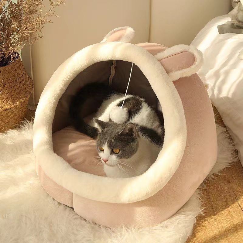 HKM-2938685 Four Seasons Universal Thickened Semi-closed Pet Bed in Light Gray, Gray UK Shorthair, Green Dinosaur, Pink Rabbit, and Gray Cat - Multiple Sizes Available