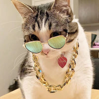 HKM-2940605 Cat Collar with Golden Chain Ornament and Glasses Accessory