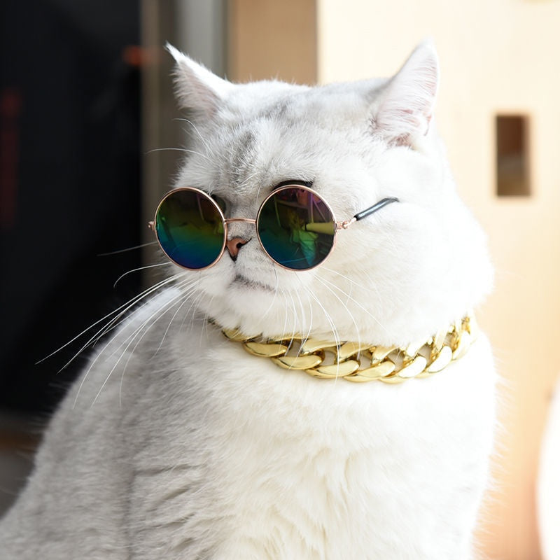 HKM-2940605 Cat Collar with Golden Chain Ornament and Glasses Accessory
