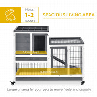 HKM-2942269 Elevated Wooden Rabbit Hutch with Enclosed Run, Removable Tray, and Wheels for Small Animals, Gray