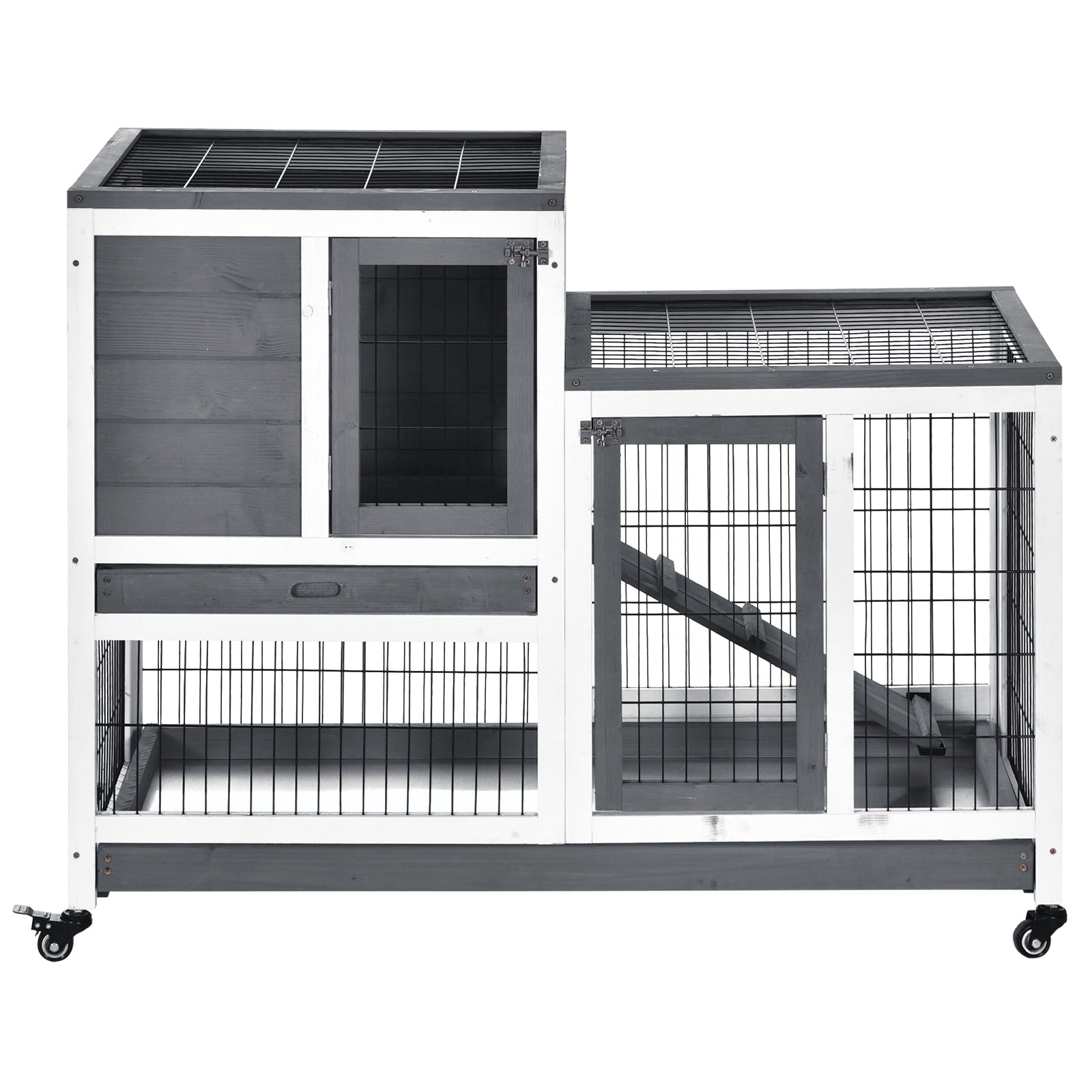 HKM-2942269 Elevated Wooden Rabbit Hutch with Enclosed Run, Removable Tray, and Wheels for Small Animals, Gray